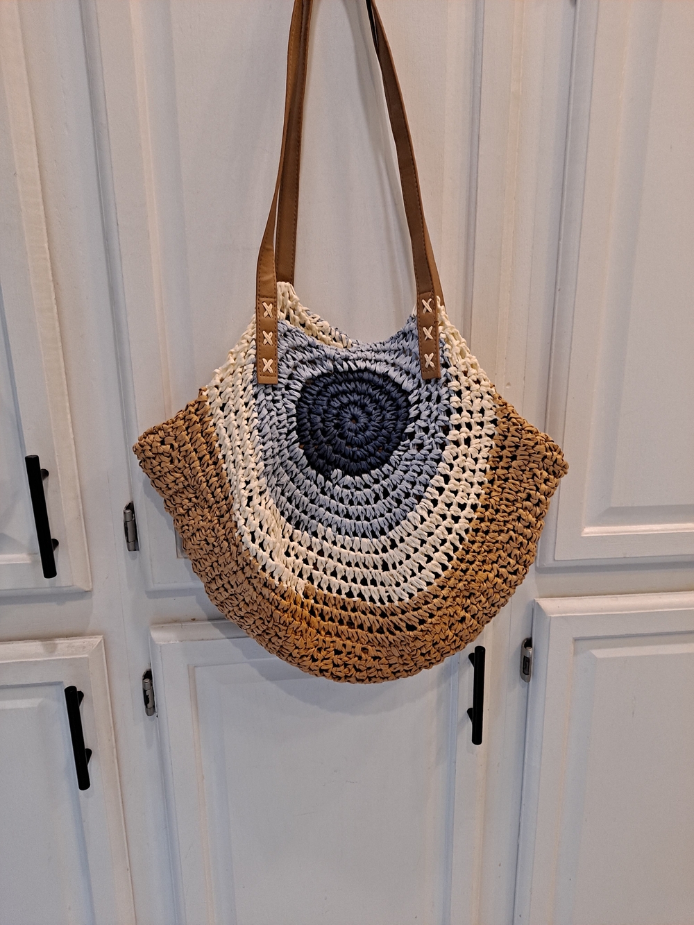 Straw Raffia Handwoven Round Tote - Brown, Cream & Blue Boho Lightweight Summer